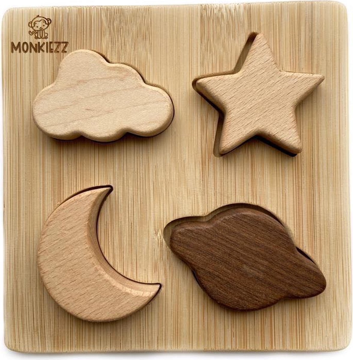 Monkiezz® houten puzzel - space | educatief | spellen | speelgoed | hout | maan, ster, planeet en wolk | vormenpuzzel